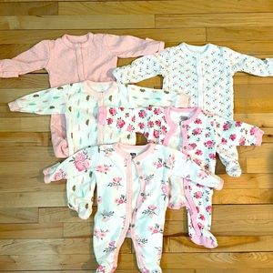 Lot of 5 preemie girls pajamas LIKE NEW
